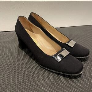 Salvatore Ferragamo Black Chunky Heel Pumps Square Toe Black Women's Size 7.5